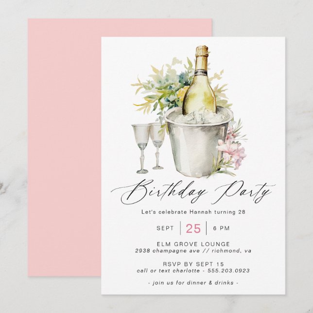 Invitation Champagne fantaisie | Anniversaire des femmes mign (Devant / Derrière)