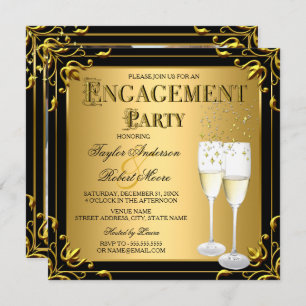 Invitation Champagne Faux Gold Black Engagement Photo
