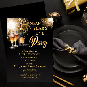Invitation Champagne Feu d'artifice Noir Or Nouvel An Soirée