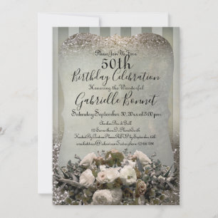 Invitation Champagne Floral Élégant Rayé Vintage Français