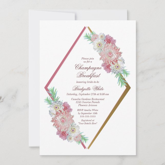 Invitation Champagne Floral rose Géométrique Petit-déjeuner (Devant)