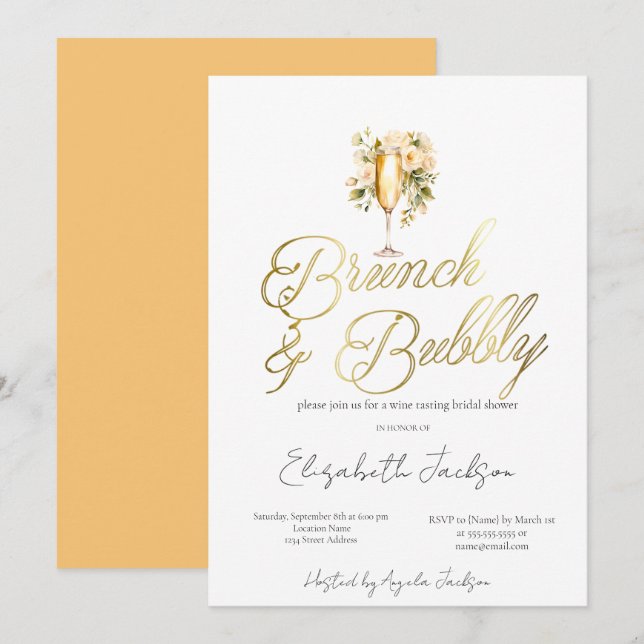 Invitation Champagne floraleBrunch & Fête des mariées mousseu (Devant / Derrière)