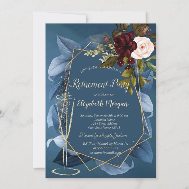 Invitation Champagne Glass Bourgogne Rose Retraite Bleue (Devant)