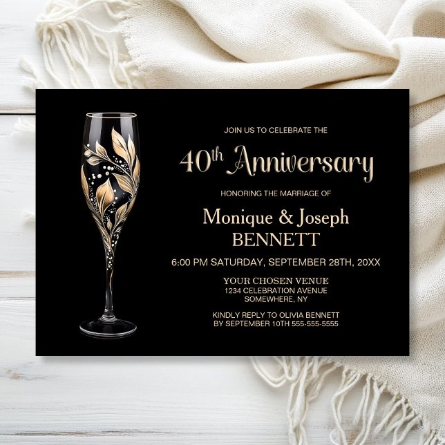 Invitation Champagne Glass Gold Leaf 40th Wedding Anniversary (Créateur téléchargé)
