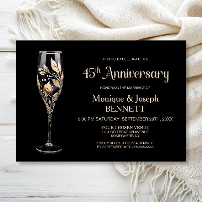 Invitation Champagne Glass Gold Leaf 45th Wedding Anniversary (Créateur téléchargé)