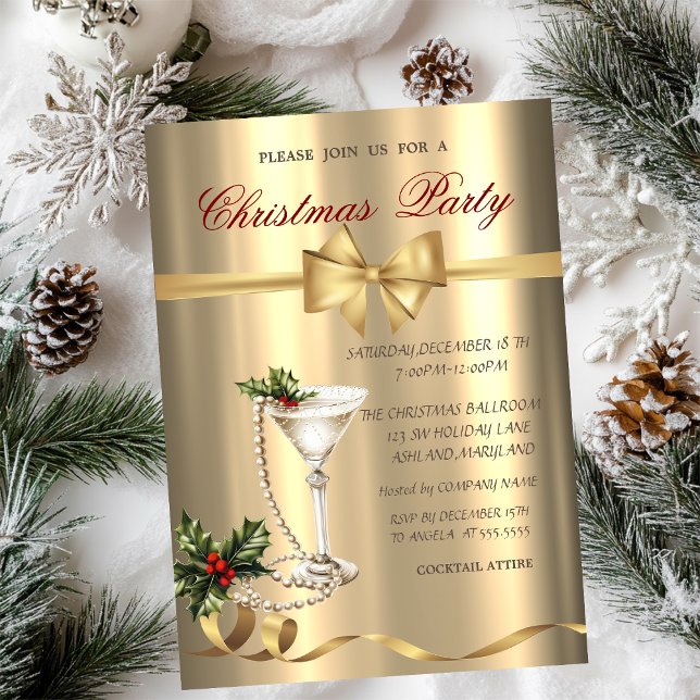 Invitation Champagne Glass Pearls Bow Gold Christmas Party  (Créateur téléchargé)