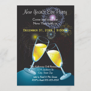 Invitation Champagne Glasses & Feu d'artifice - Soirée du Nou