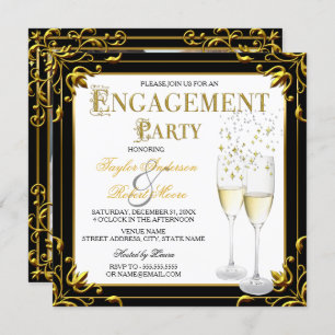 Invitation Champagne Gold Black White Engagement Photo