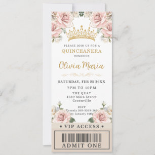 Invitation Champagne Gold Blush Floral Quinceañera VIP Ticket