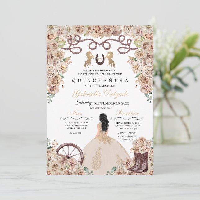 Invitation Champagne Gold Charro Princesse Quinceanera (Debout devant)