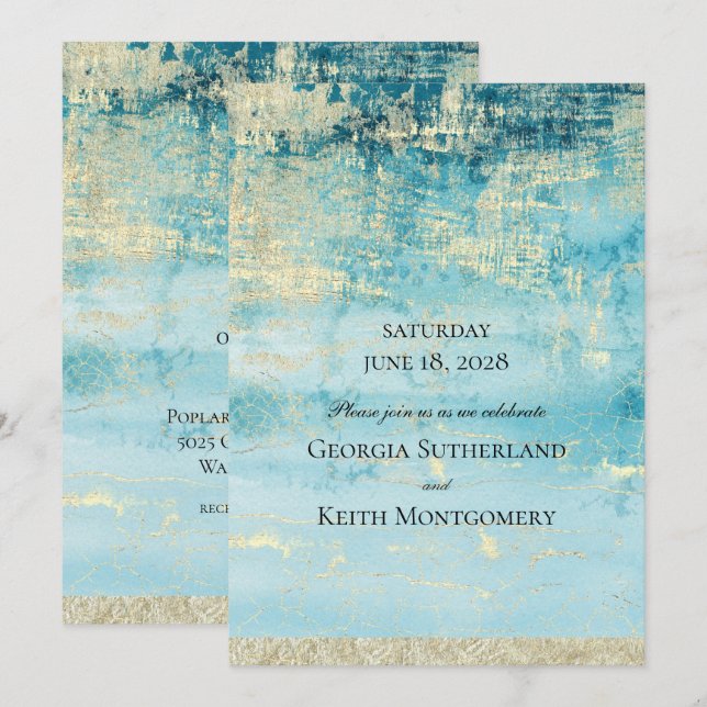 Invitation Champagne Gold Et Turquoise 2 Mariage D'Art Modern (Devant / Derrière)