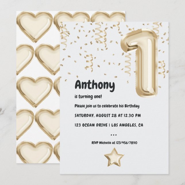 Invitation Champagne Gold Faux Foil Balloon 1er anniversaire (Devant / Derrière)