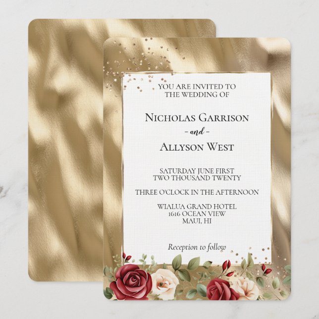 Invitation Champagne Gold Glam Crème Rouge Roses Mariage (Devant / Derrière)