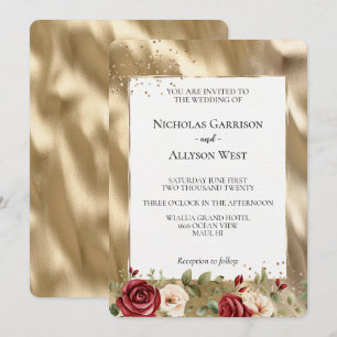 Invitation Champagne Gold Glam Crème Rouge Roses Mariage