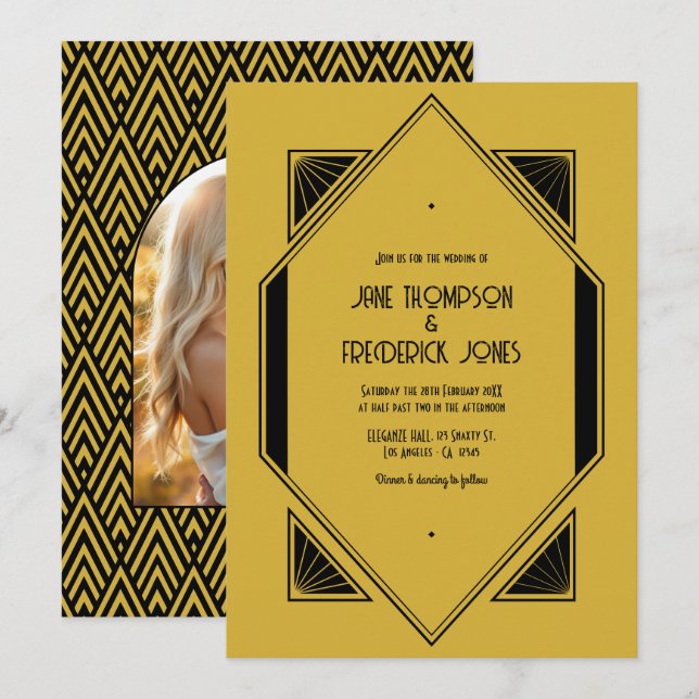 Invitation Champagne Gold & Noir Art Deco Wedding Photo (Devant / Derrière)