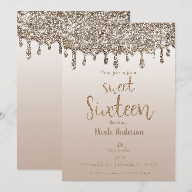 Invitation Champagne Gold Parties scintillant Drip Glam Sweet (Devant / Derrière)