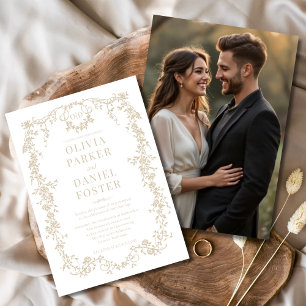 Invitation Champagne Gold Photo Floral Mariage victorien