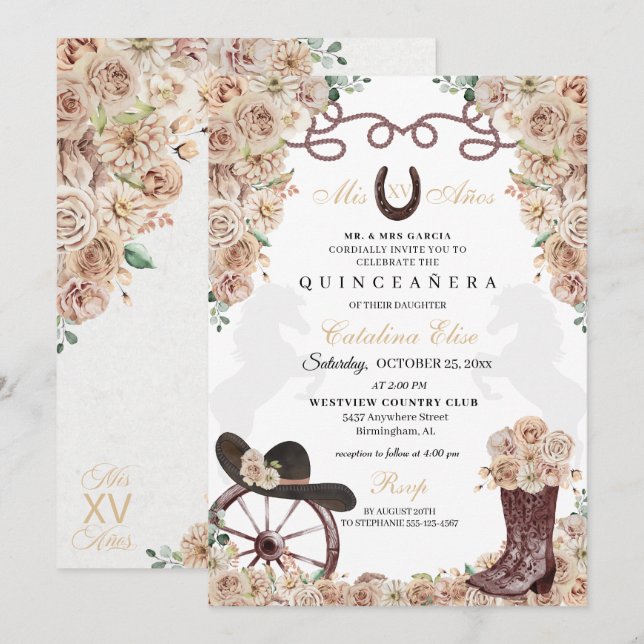 Invitation Champagne Gold Western Charro Bottes Quinceanera (Devant / Derrière)