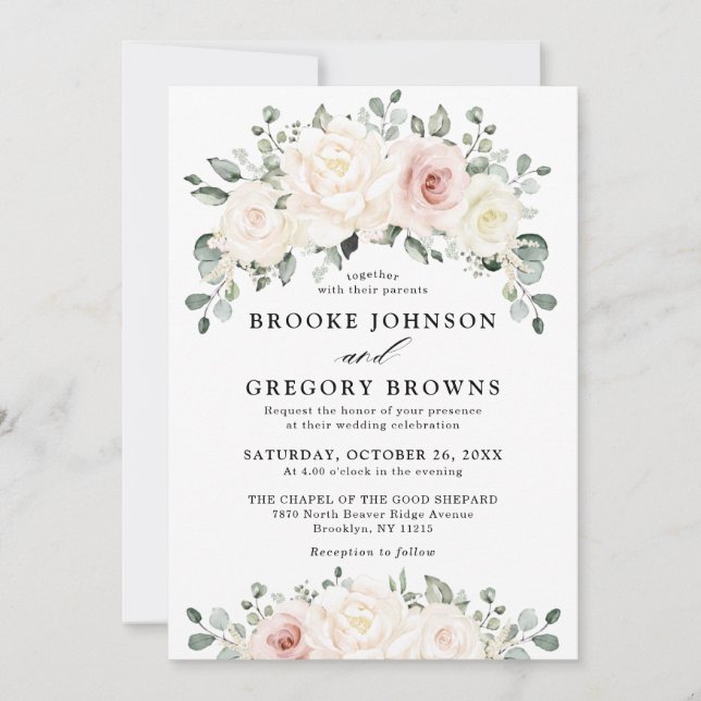 Invitation Champagne Ivory Blush rose Floral Mariage (Devant)