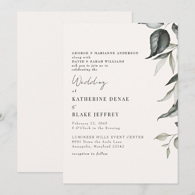 Invitation Champagne léger Mariage de feuillage botanique II (Devant / Derrière)