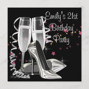 Invitation Champagne noir talons hauts 21ème anniversaire