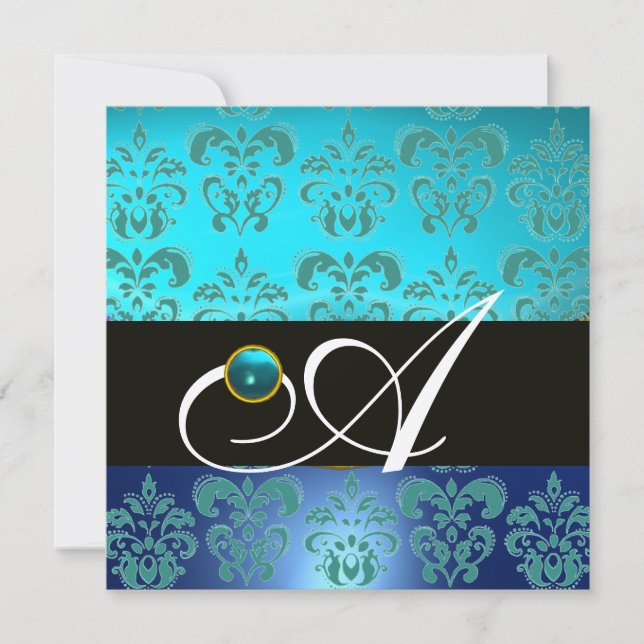 INVITATION CHAMPAGNE NOIRE BLEU TURQUASE DAMASK MONOGRAM (Devant)