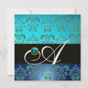 INVITATION CHAMPAGNE NOIRE BLEU TURQUASE DAMASK MONOGRAM