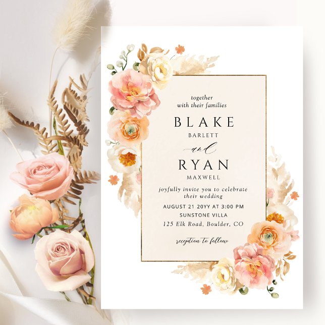 Invitation Champagne, Pêche, Crème Bleue Floral Chic Mariage (Créateur téléchargé)