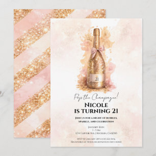 Invitation Champagne pétillant et paillettes dorées 21 Annive