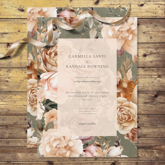 Invitation Champagne romantique vintage Beige & Sage Floral (Créateur téléchargé)