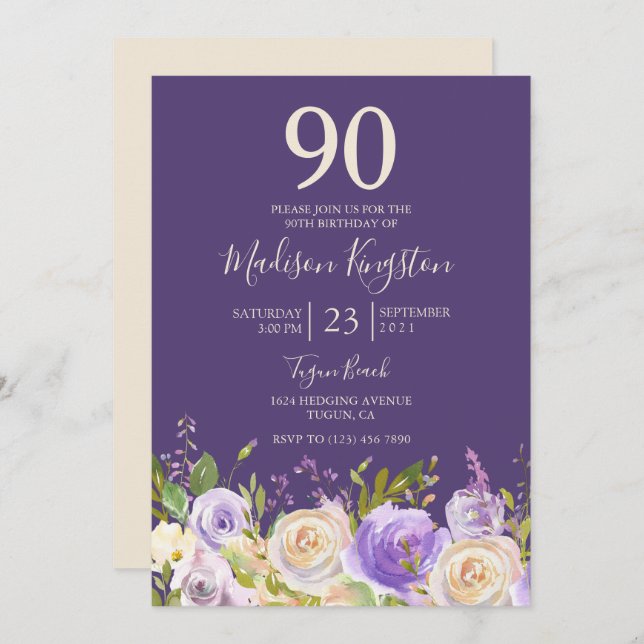 Invitation Champagne Rose blanche violet 90e anniversaire (Devant / Derrière)