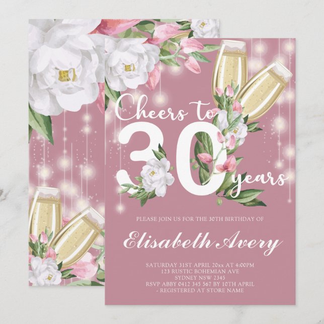 Invitation Champagne rose de luxe Floral 30e anniversaire (Devant / Derrière)