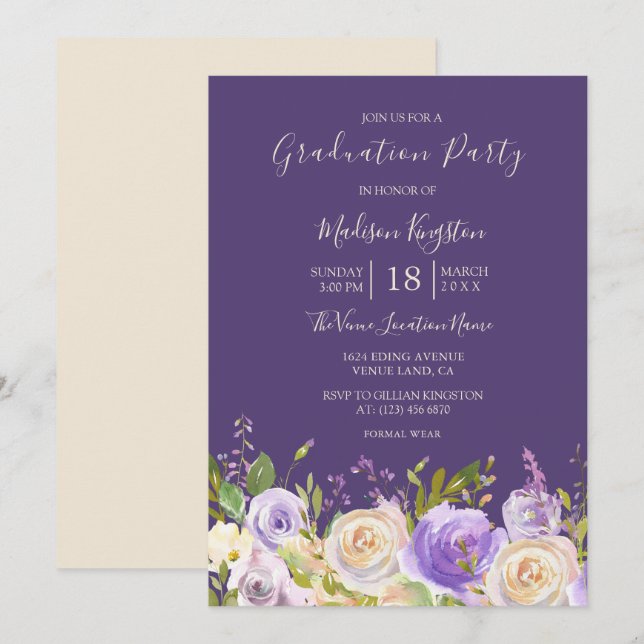 Invitation Champagne Rose Fleurs violettes fête de graduation (Devant / Derrière)