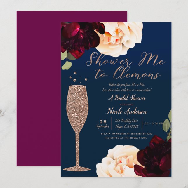 Invitation Champagne Rose Gold Marine Blue Floral Fête des ma (Devant / Derrière)