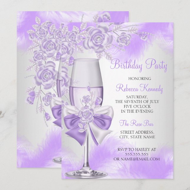 Invitation Champagne Rose violet Fête Florale blanche (Devant / Derrière)