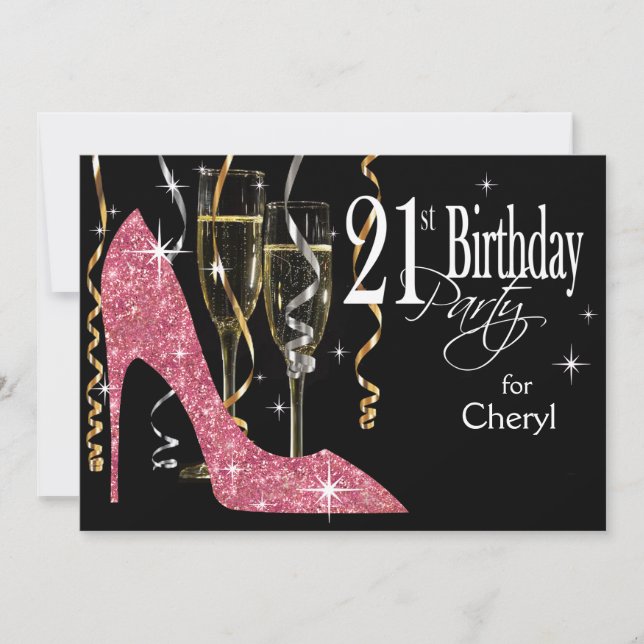 Invitation Champagne Stiletto Pailleté Anniversaire 21 ans Ro (Devant)
