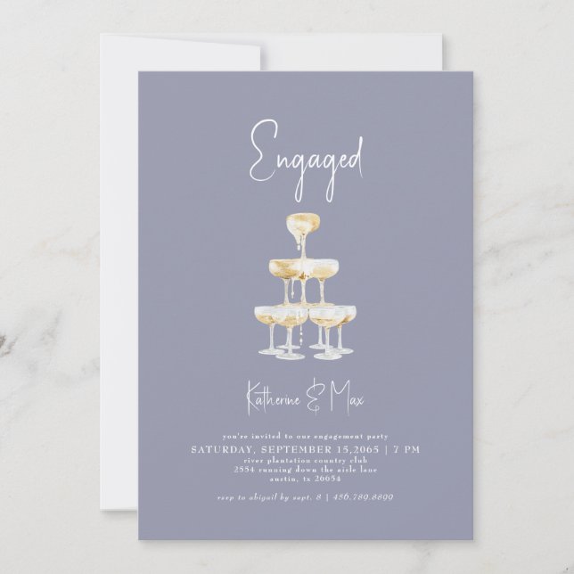 Invitation Champagne Tower Dusty Blue Engagement Party (Devant)