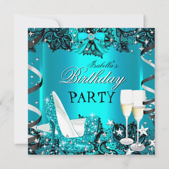 Invitation Champagne turquoise haute hauteur Dentelle noire f (Devant)