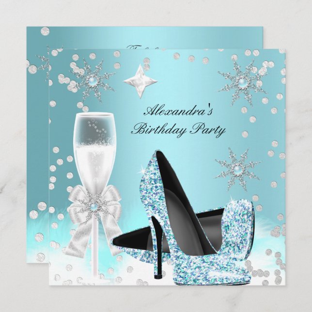 Invitation Champagne turquoise talons hauts Fête d'anniversai (Devant / Derrière)