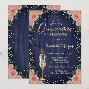 Invitation Champagne Verre Diamants Fleurs Quinceañera