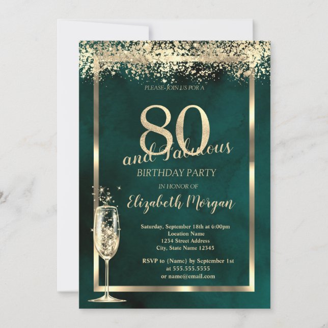 Invitation Champagne Verre Or Confetti Vert 80e anniversaire (Devant)