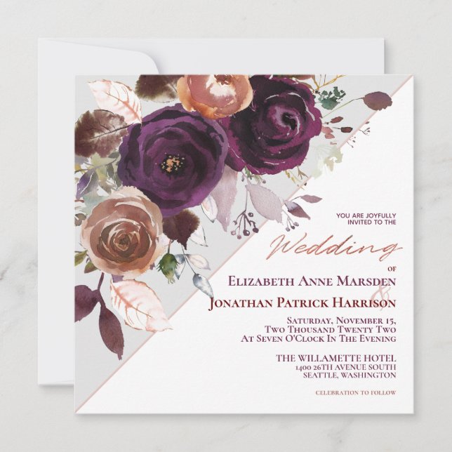 Invitation Champagne violet automne Floral Mariage géométriqu (Devant)