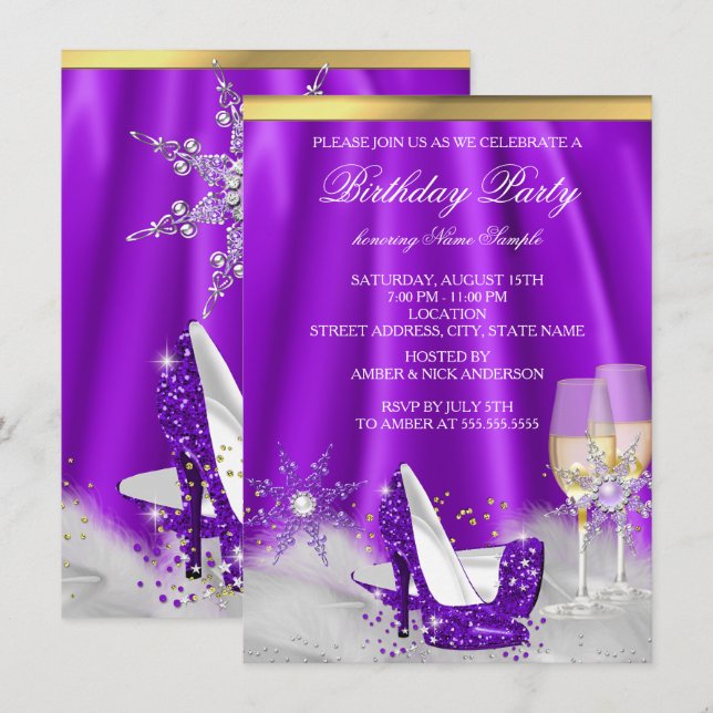 Invitation Champagne violet en or à talon élevé (Devant / Derrière)