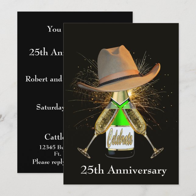 Invitation Champagne Western Party Et Casquette Cowboy Person (Devant / Derrière)