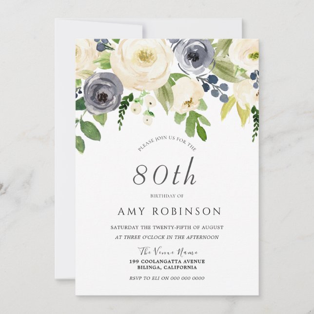 Invitation Champagne White & Navy Floral 80e fête d'anniversa (Devant)