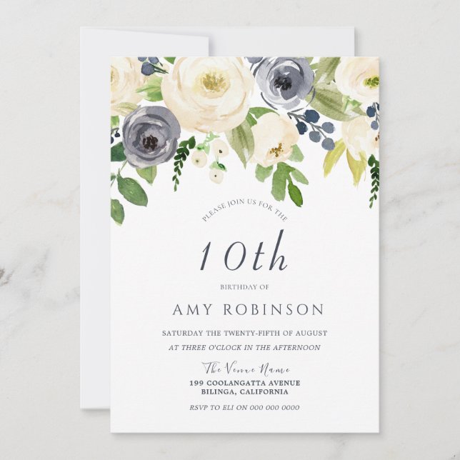 Invitation Champagne White & Navy Floral Girls Anniversaire (Devant)