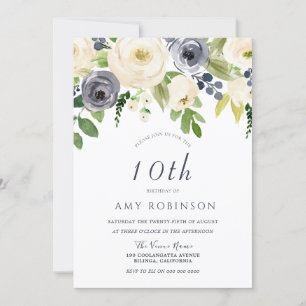 Invitation Champagne White & Navy Floral Girls Anniversaire