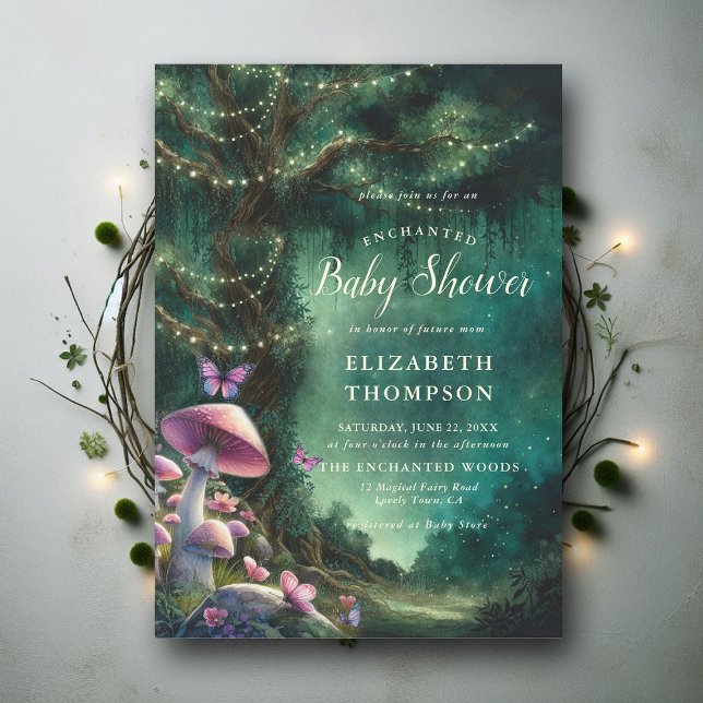 Invitation Champignons de la forêt enchantés Baby shower vert (enchanted forest baby shower fairy tale faerie mushrooms butterflies green purple lavender elegant)