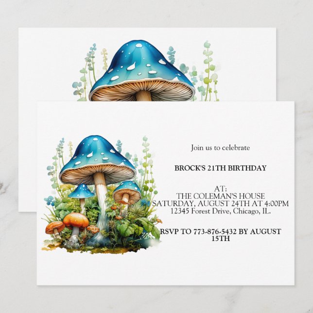 Invitation Champignons de la forêt sauvage fête d'anniversair (Devant / Derrière)
