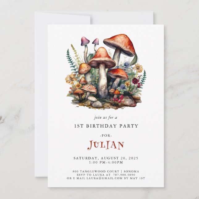 Invitation Champignons des bois 1er anniversaire (Devant)